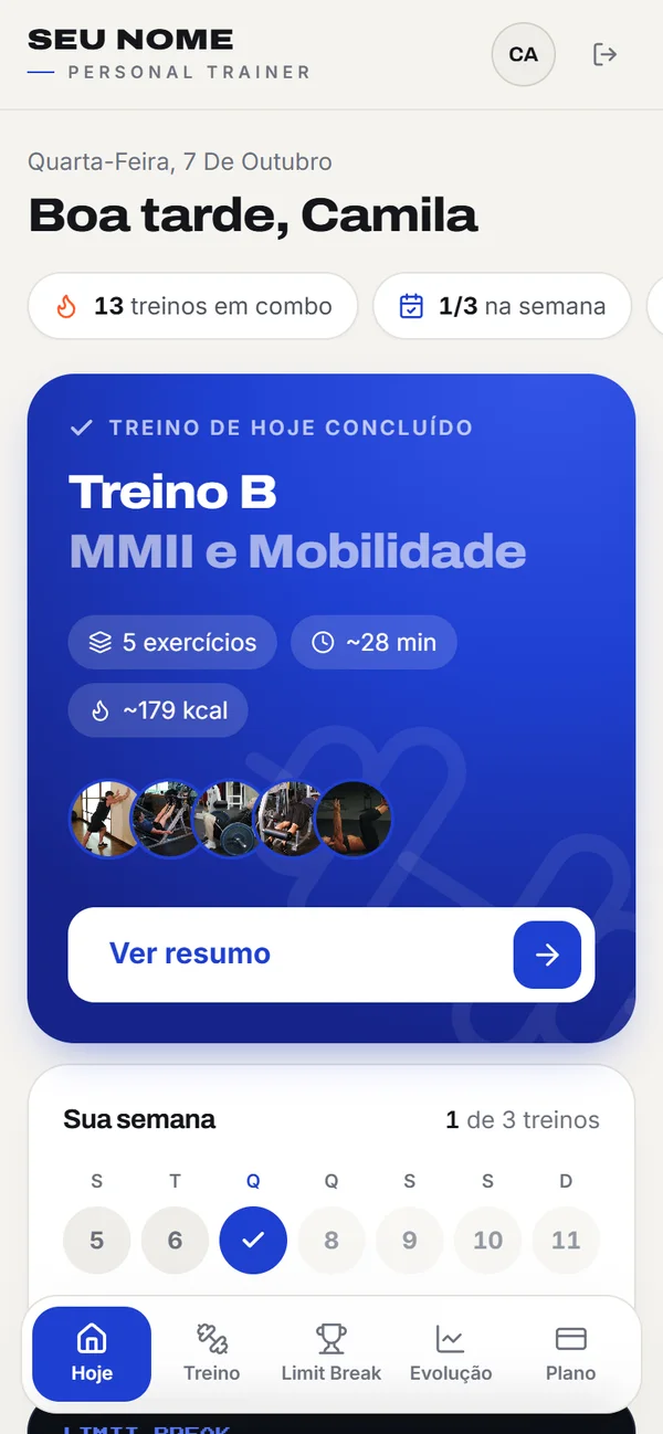 Tela inicial do aluno com o treino do dia e a semana